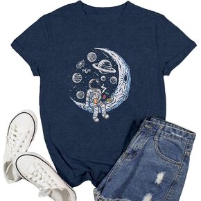 Space Shirts for Women NASA Shirt Moon Graphic Tees Astronaut Print T Shirt Space Fan Gift Shirt Short Sleeve Tee Tops