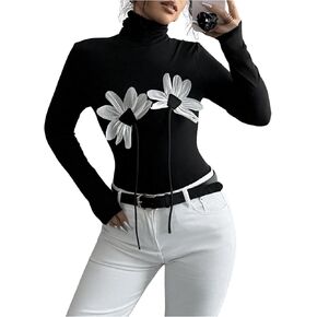 MakeMeChic Women's Graphic Print Tee Shirts High Neck Long Sleeve Slim Fit Shirt Tops