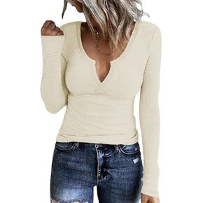 Soft Henley Long Sleeve Shirts for Women, Ribbed Stretch Long Sleeve Tops for Women Casual Basic V Neck Tshirt
