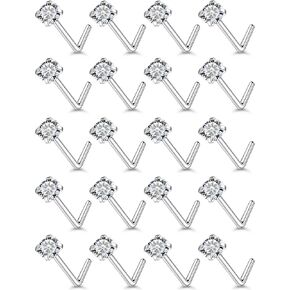 Ftovosyo 20Pcs Nose Rings Studs Surgical Steel L-Shape Nose Rings for Women 2mm Cubic Zirconia Nose Screw Studs Hypoallergenic Nose Piercings 22g 20g 18g
