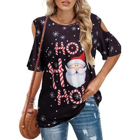 QLIPIN Christmas T Shirt Women Xmas Cold Shoulder Tops Funny Elk Santa Claus Graphic Tee Holiday Casual Short Sleeve Blouse