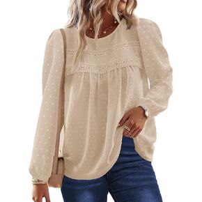 Women's Long Sleeve Tops Casual Crewneck Chiffon Blouses Fall Fashion 2024 Tunic Office Western Clothes