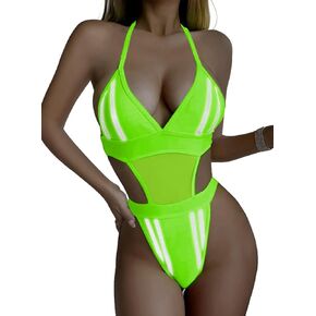 Reflective Rave Outfits for Women - EDC Festival Neon Bodysuit Mesh Lingerie Halter Swimsuit Party Stripe Jumpsuit