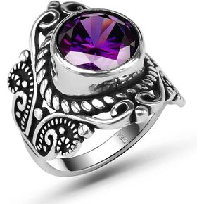 Genuine Solid 925 Sterling Silver Round Shape Brilliant Cut Cz Cubic Zirconia Purple Amethyst Color Stone Luxury Statement, Anniversary, Birthstone or Gift for All Occasions Ring for Women