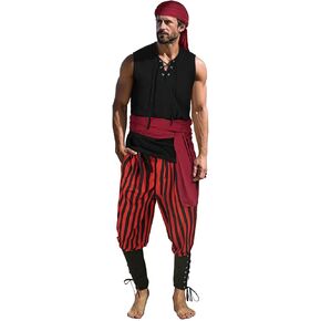 Mens 4 Pcs Pirate Costume Outfit Medieval Renaissance Costume Halloween Viking Costume