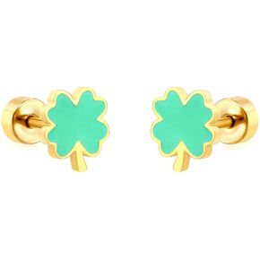 20g Four Leaf Clover Gold Plated Flat Screw Back Small Stud Earrings for Women Minimalist Cute Surgical Steel Green Enamel Lucky Flower Piercing Sleeper Tiny Studs Hypoallergenic St. Patrick's Day Birthday Gift for Daughter Her
