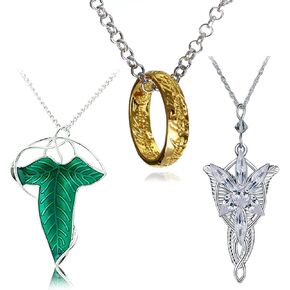 3 pcs Hobbit Necklace Gold Tone The Ring Pendant Necklace Vintage Green Leaf Elven Pin Brooch Pendant Chain Necklace
