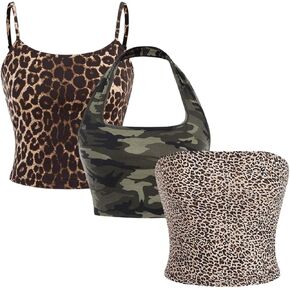 Women's 3 Pack Y2K Leopard Print Cami Sleeveless Crop Tops Cropped Cami Halter Top Cheetah Print Tube Bandeau Top