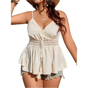 MakeMeChic Women's Plus Size Wrap V Neck Sleeveless Drawstring Ruffle Peplum Cami Top Summer Shirts