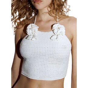 Women's Crochet Halterneck Crop Top Summer Hollow Out Sleeveless Knit Tops with Floral Corsage