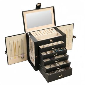 Jewelry Box Large, 6-Layer Jewelry Storage Boxwith Mirror and 5 Drawers for Women to Store Earrings, Rings and Necklaces(Black)