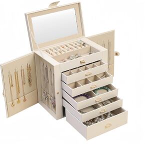 Jewelry Box Large, 6-Layer Jewelry Storage Boxwith Mirror and 5 Drawers for Women to Store Earrings, Rings and Necklaces(Black)