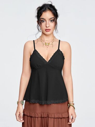 SHENHE Women's Lace Babydoll Tank Top Sexy V Neck Sleeveless Flared Hem Flowy Peplum Tops in Kuwait