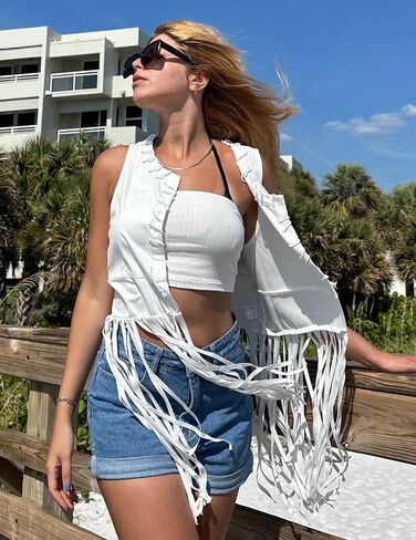 HOTOUCH Women Fringe Vest 70s Hippie Costume Faux Suede Sleeveless Tassels Cardigan Cowgirl Western Tops in Kuwait