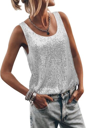 Womens Tank Tops Casual Fashion Scoop Neck Sequin Sparkle Shimmer Sleeveless Sexy Club Party Base Tank Top in Saudi Arabia