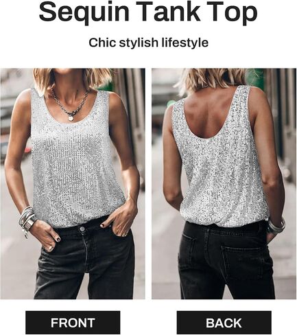 Womens Tank Tops Casual Fashion Scoop Neck Sequin Sparkle Shimmer Sleeveless Sexy Club Party Base Tank Top in Saudi Arabia