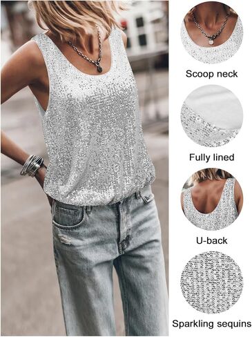 Womens Tank Tops Casual Fashion Scoop Neck Sequin Sparkle Shimmer Sleeveless Sexy Club Party Base Tank Top in Saudi Arabia