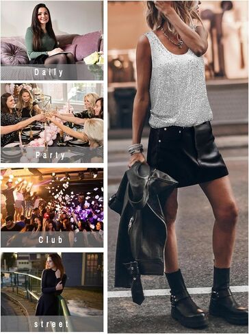 Womens Tank Tops Casual Fashion Scoop Neck Sequin Sparkle Shimmer Sleeveless Sexy Club Party Base Tank Top in Saudi Arabia