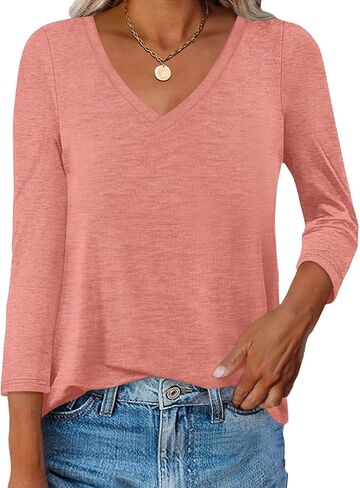 تي شيرت نسائي بياقة على شكل V وأكمام 3/4 تي شيرت أساسي بحاشية منحنية تي شيرت فضفاض غير رسمي مناسب 2025 in Kuwait