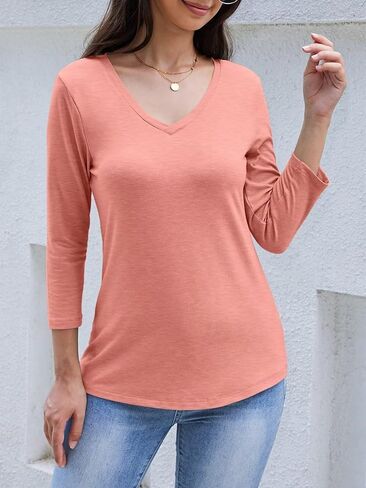 تي شيرت نسائي بياقة على شكل V وأكمام 3/4 تي شيرت أساسي بحاشية منحنية تي شيرت فضفاض غير رسمي مناسب 2025 in Kuwait