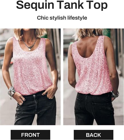 Womens Tank Tops Casual Fashion Scoop Neck Sequin Sparkle Shimmer Sleeveless Sexy Club Party Base Tank Top in Saudi Arabia