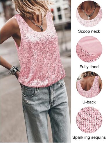 Womens Tank Tops Casual Fashion Scoop Neck Sequin Sparkle Shimmer Sleeveless Sexy Club Party Base Tank Top in Saudi Arabia