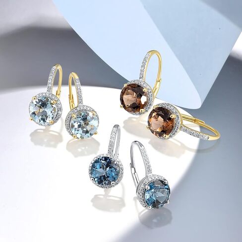 Santuzza 10K White Solid Gold Round Shape Blue Topaz Genuine Diamond Leverback Dangle Earrings for Women in Saudi Arabia