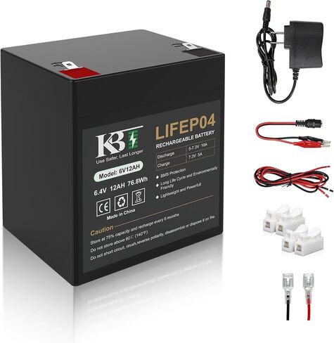 KBT 6V 6Ah Rechargeable LiFePO4 Lithium Replacement Battery, Long Lasting Life, with Charger, Charging Cable, Cable Connector, for Kids Ride On Toys, Pet Feeders, Emergency Lights, Deer Game Feeder in Saudi Arabia