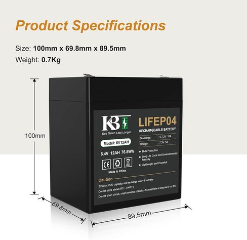 KBT 6V 6Ah Rechargeable LiFePO4 Lithium Replacement Battery, Long Lasting Life, with Charger, Charging Cable, Cable Connector, for Kids Ride On Toys, Pet Feeders, Emergency Lights, Deer Game Feeder in Saudi Arabia