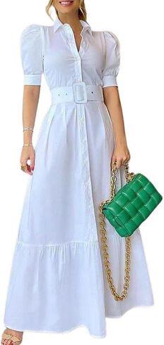 فستان نسائي مخطط بأزرار سفلية من utcoco، فستان كاجوال بأكمام قصيرة وحاشية مكشكشة مع حزام (متوسط، أبيض) in Kuwait