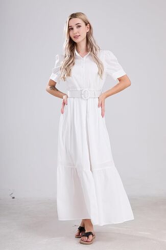 فستان نسائي مخطط بأزرار سفلية من utcoco، فستان كاجوال بأكمام قصيرة وحاشية مكشكشة مع حزام (متوسط، أبيض) in Kuwait