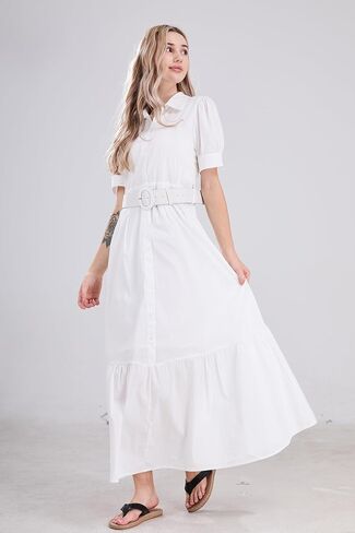 فستان نسائي مخطط بأزرار سفلية من utcoco، فستان كاجوال بأكمام قصيرة وحاشية مكشكشة مع حزام (متوسط، أبيض) in Kuwait