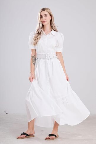 فستان نسائي مخطط بأزرار سفلية من utcoco، فستان كاجوال بأكمام قصيرة وحاشية مكشكشة مع حزام (متوسط، أبيض) in Kuwait