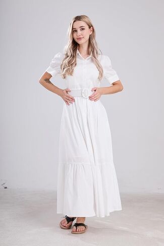 فستان نسائي مخطط بأزرار سفلية من utcoco، فستان كاجوال بأكمام قصيرة وحاشية مكشكشة مع حزام (متوسط، أبيض) in Kuwait