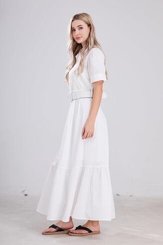 فستان نسائي مخطط بأزرار سفلية من utcoco، فستان كاجوال بأكمام قصيرة وحاشية مكشكشة مع حزام (متوسط، أبيض) in Kuwait