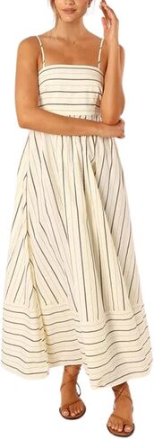 CHARTOU Women's Summer Spaghetti Strap Striped Maxi Long Dress Sleeveless Smocked Cut Out Swing Dress in Saudi Arabia