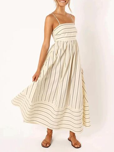 CHARTOU Women's Summer Spaghetti Strap Striped Maxi Long Dress Sleeveless Smocked Cut Out Swing Dress in Saudi Arabia