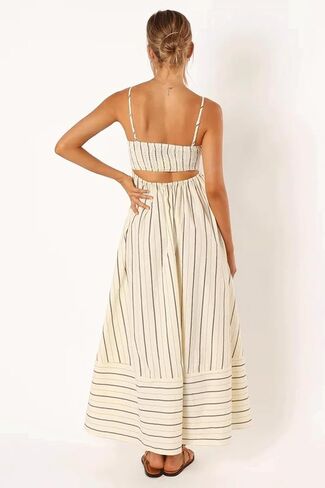 CHARTOU Women's Summer Spaghetti Strap Striped Maxi Long Dress Sleeveless Smocked Cut Out Swing Dress in Saudi Arabia