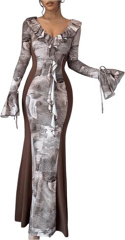 GORGLITTER Women's Ruffle Graphic Print Bodycon Dress V Neck Flounce Sleeve Flared Maxi Dresses in Saudi Arabia