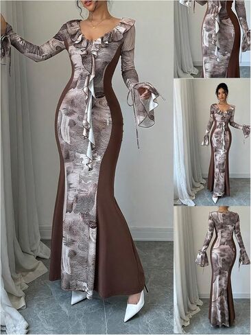 GORGLITTER Women's Ruffle Graphic Print Bodycon Dress V Neck Flounce Sleeve Flared Maxi Dresses in Saudi Arabia