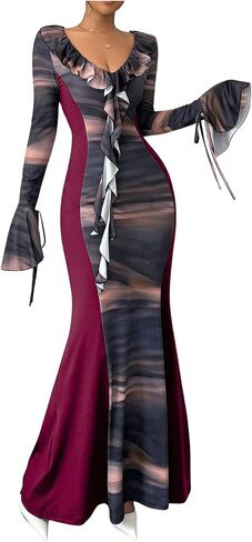 GORGLITTER Women's Ruffle Graphic Print Bodycon Dress V Neck Flounce Sleeve Flared Maxi Dresses in Saudi Arabia