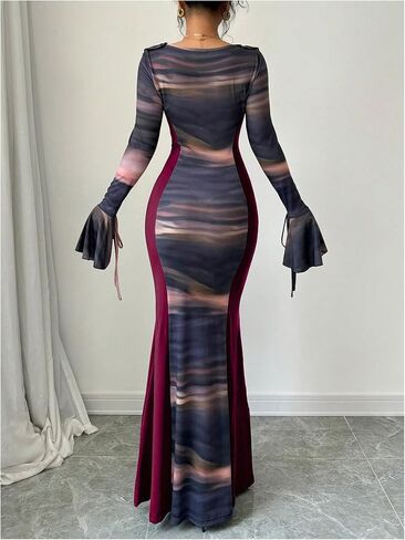 GORGLITTER Women's Ruffle Graphic Print Bodycon Dress V Neck Flounce Sleeve Flared Maxi Dresses in Saudi Arabia