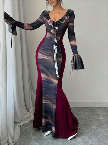 GORGLITTER Women's Ruffle Graphic Print Bodycon Dress V Neck Flounce Sleeve Flared Maxi Dresses in Saudi Arabia