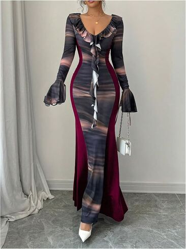 GORGLITTER Women's Ruffle Graphic Print Bodycon Dress V Neck Flounce Sleeve Flared Maxi Dresses in Saudi Arabia