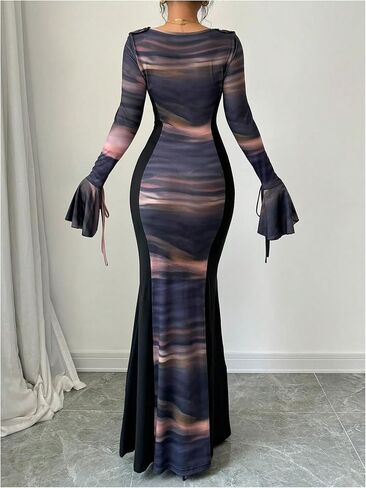 GORGLITTER Women's Ruffle Graphic Print Bodycon Dress V Neck Flounce Sleeve Flared Maxi Dresses in Saudi Arabia