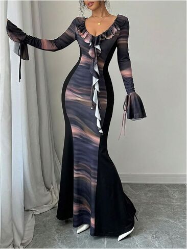 GORGLITTER Women's Ruffle Graphic Print Bodycon Dress V Neck Flounce Sleeve Flared Maxi Dresses in Saudi Arabia