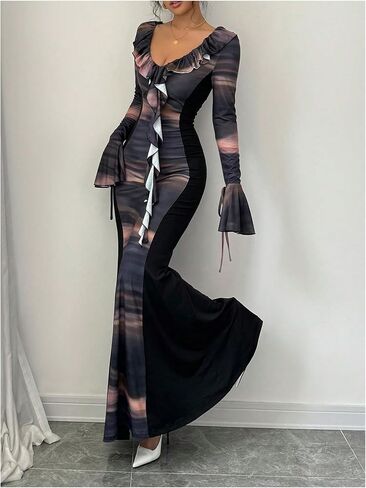 GORGLITTER Women's Ruffle Graphic Print Bodycon Dress V Neck Flounce Sleeve Flared Maxi Dresses in Saudi Arabia