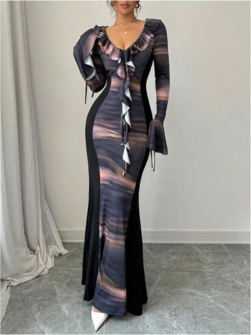 GORGLITTER Women's Ruffle Graphic Print Bodycon Dress V Neck Flounce Sleeve Flared Maxi Dresses in Saudi Arabia
