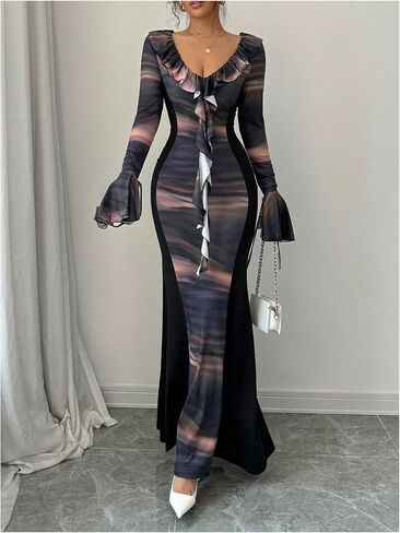 GORGLITTER Women's Ruffle Graphic Print Bodycon Dress V Neck Flounce Sleeve Flared Maxi Dresses in Saudi Arabia