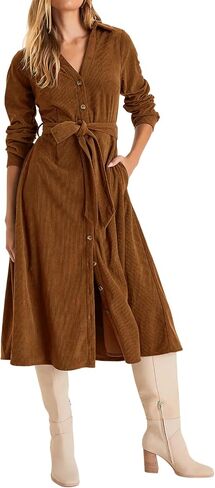 R.Vivimos Womens Fall Winter Corduroy Midi Dress Long Sleeve V Neck Button Down Belted Flowy Shirt Dress with Pockets in Saudi Arabia